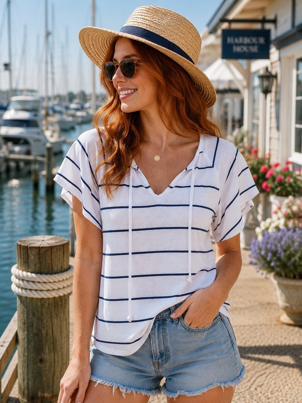 NWT Chaser Stripe Flutter Sleeve Tie Cotton Top White Navy Size S